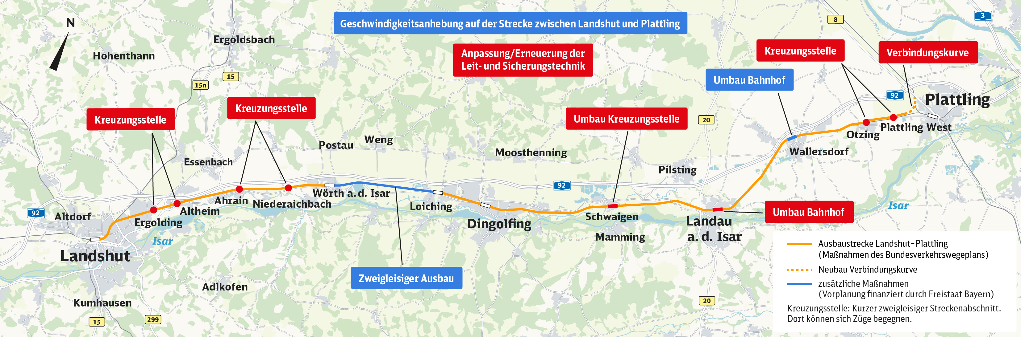 Karte "Geschwindigkeitsanhebung auf der Strecke zwischen Landshut und Plattling" mit markierten Baumaßnahmen